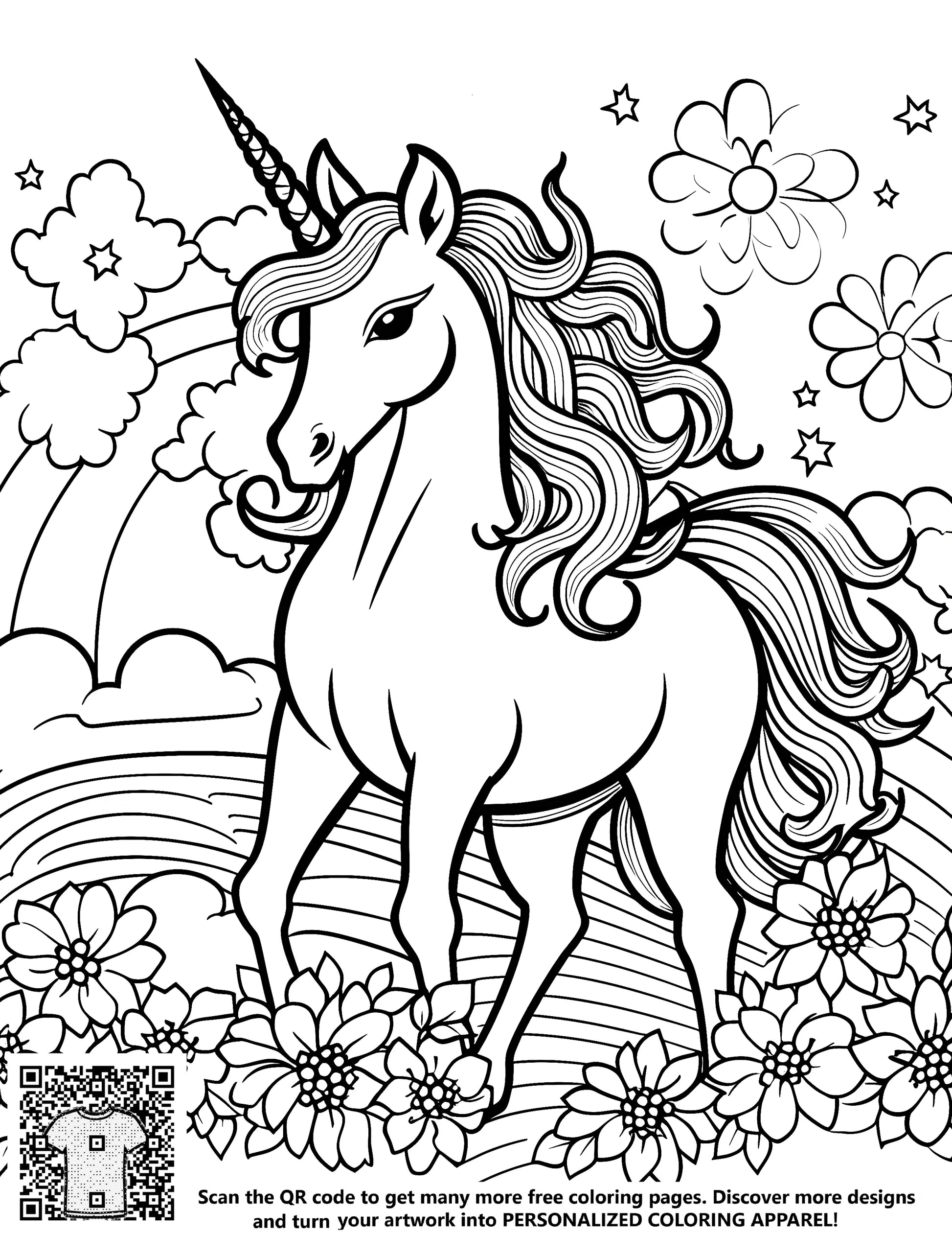 A colorful unicorn illustration with flowing mane standing amidst flowers, rainbow, clouds, and stars