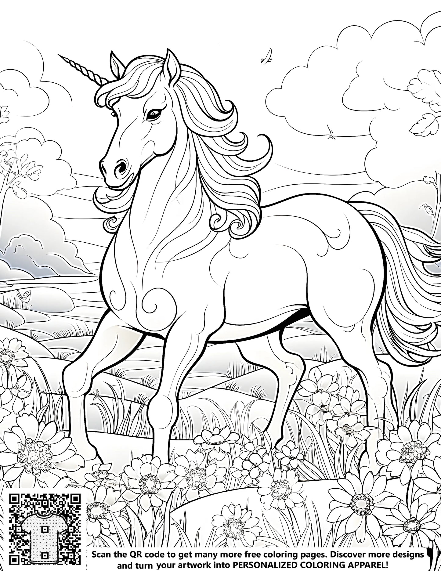 A detailed black and white drawing of a mythical horse standing in a serene flower-filled meadow scene with trees and fluffy clouds, perfect for adult coloring pages and kids art therapy