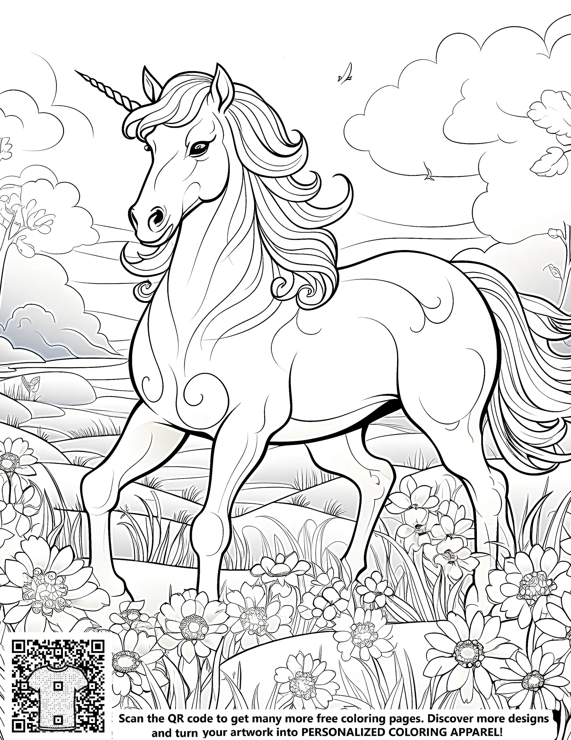 A detailed black and white drawing of a mythical horse standing in a serene flower-filled meadow scene with trees and fluffy clouds, perfect for adult coloring pages and kids art therapy