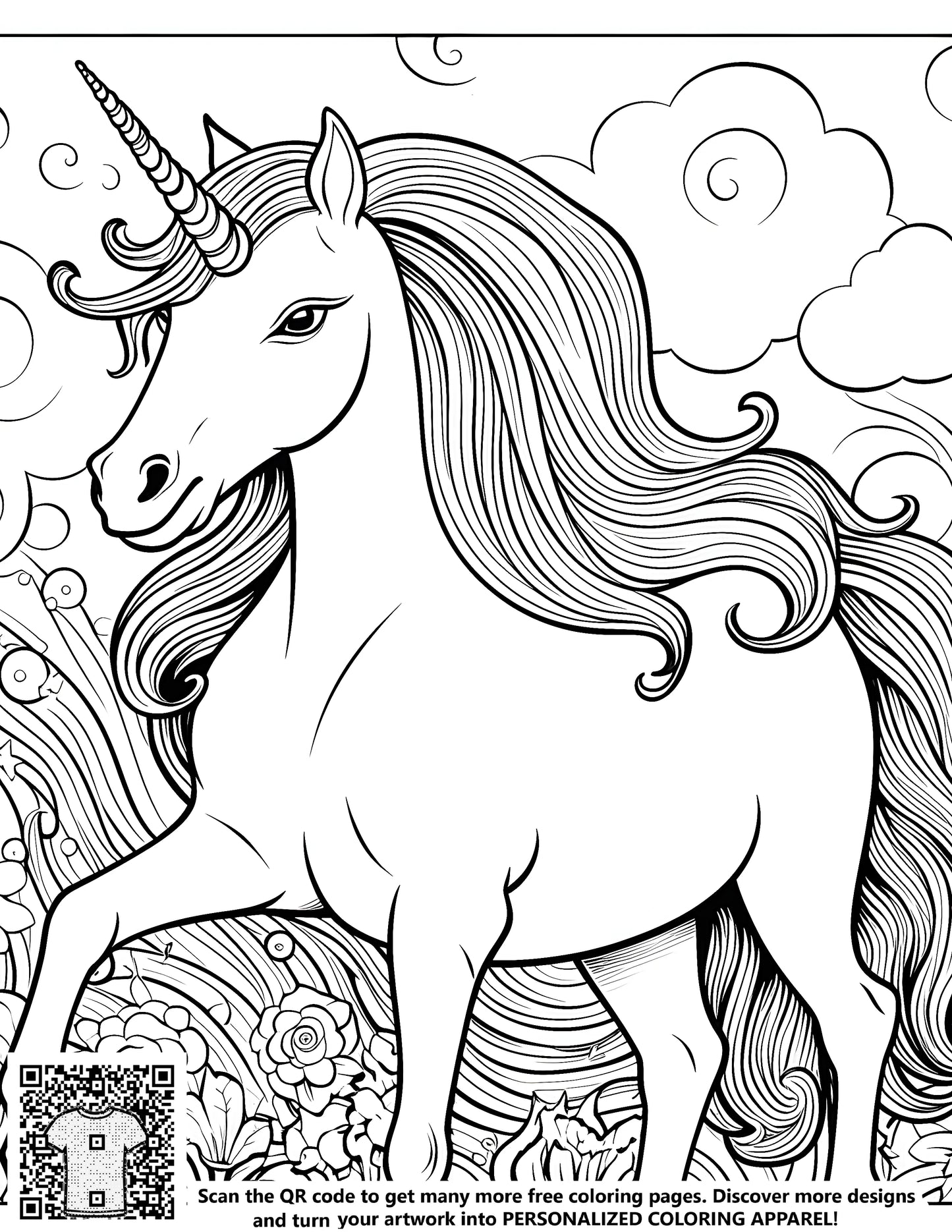 FREE Majestic Unicorn Coloring Page with Flowers and Clouds - Download NOW