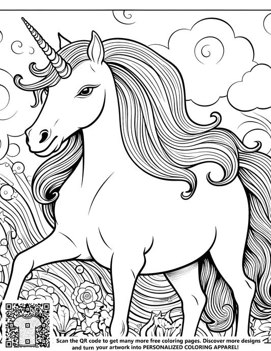 FREE Majestic Unicorn Coloring Page with Flowers and Clouds - Download NOW