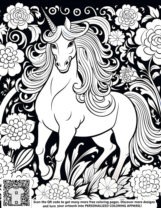 Floral unicorn coloring page art, free printable coloring book design