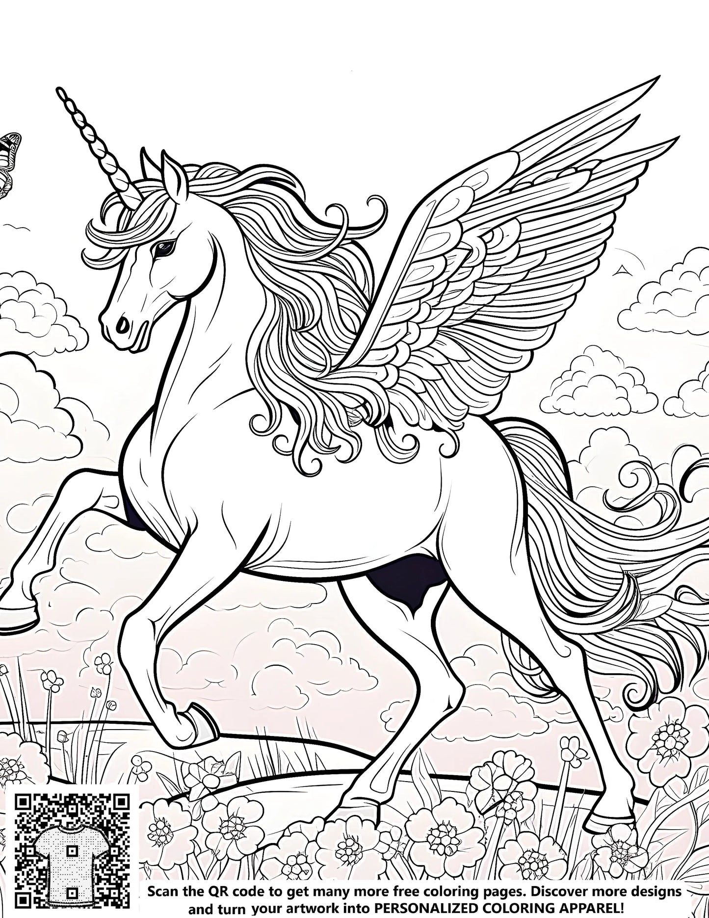 Coloring page art of a unicorn illustration with wings
