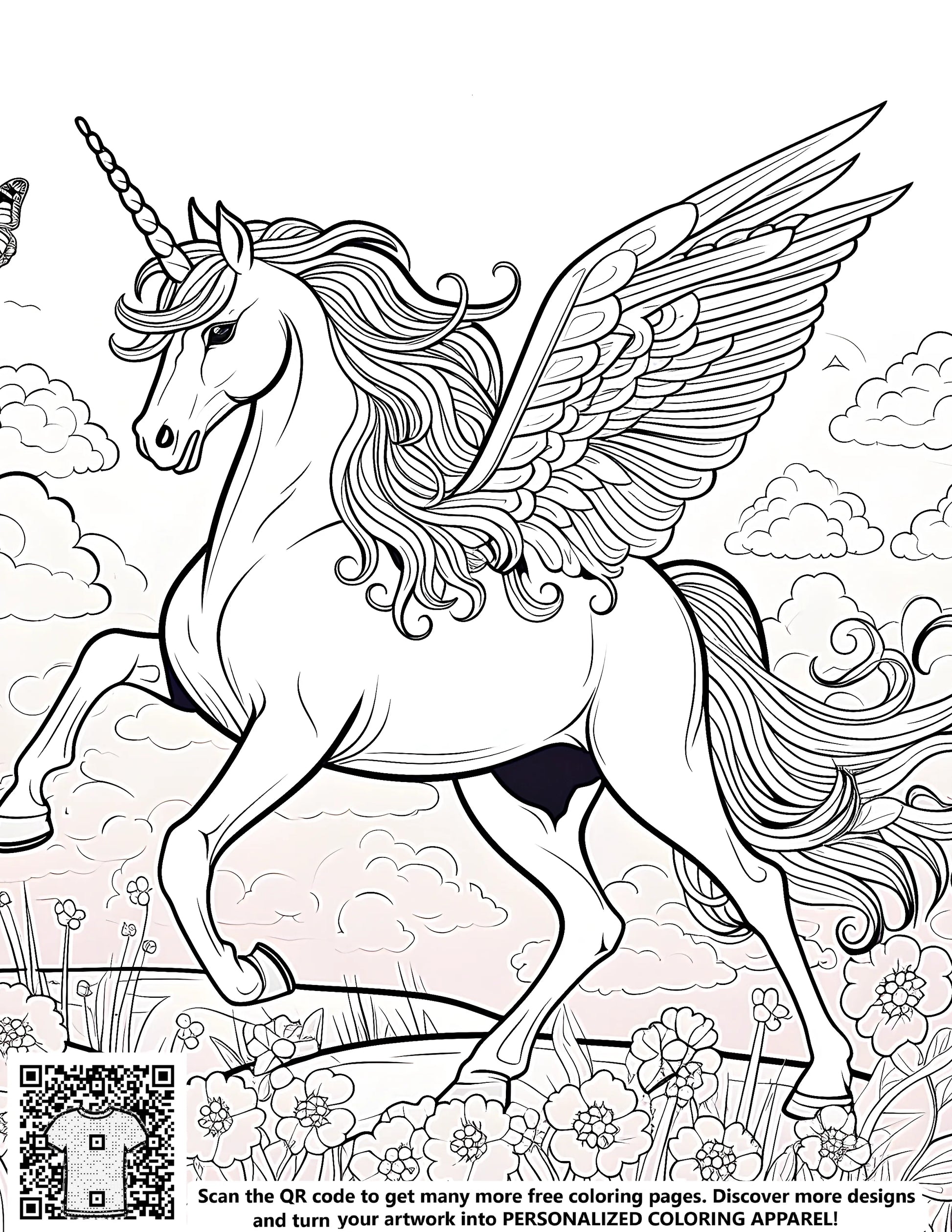 Coloring page art of a unicorn illustration with wings
