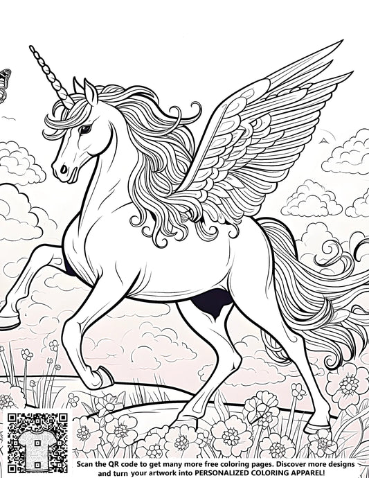 Coloring page art of a unicorn illustration with wings