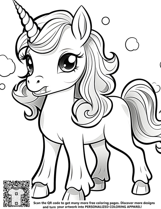 Free printable coloring page of a cute unicorn illustration, perfect for kids and adults alike. Also known as: magical horse, mythical creature, colorful pony, fantasy horse