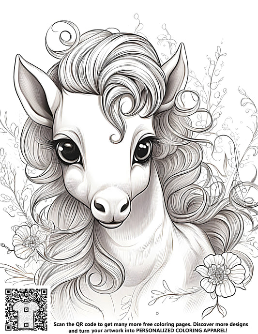Detailed free coloring page of a stylized unicorn portrait, flowing mane and floral elements, ideal for kids' activities.