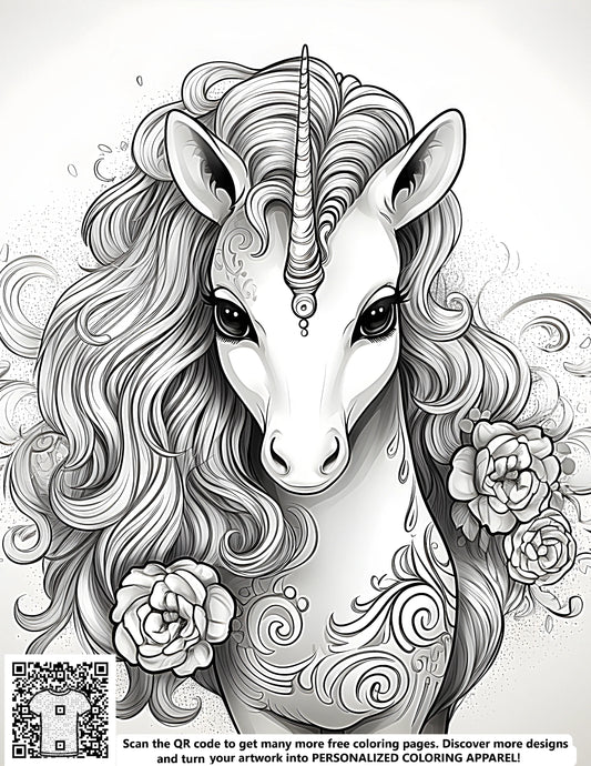 Free coloring page kit with unicorn illustration, fabric markers and intricate design