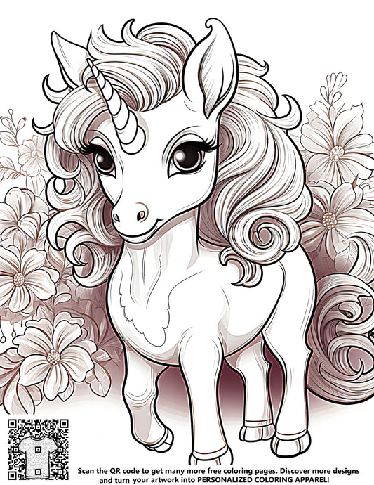 Coloring page with whimsical unicorn surrounded by flowers