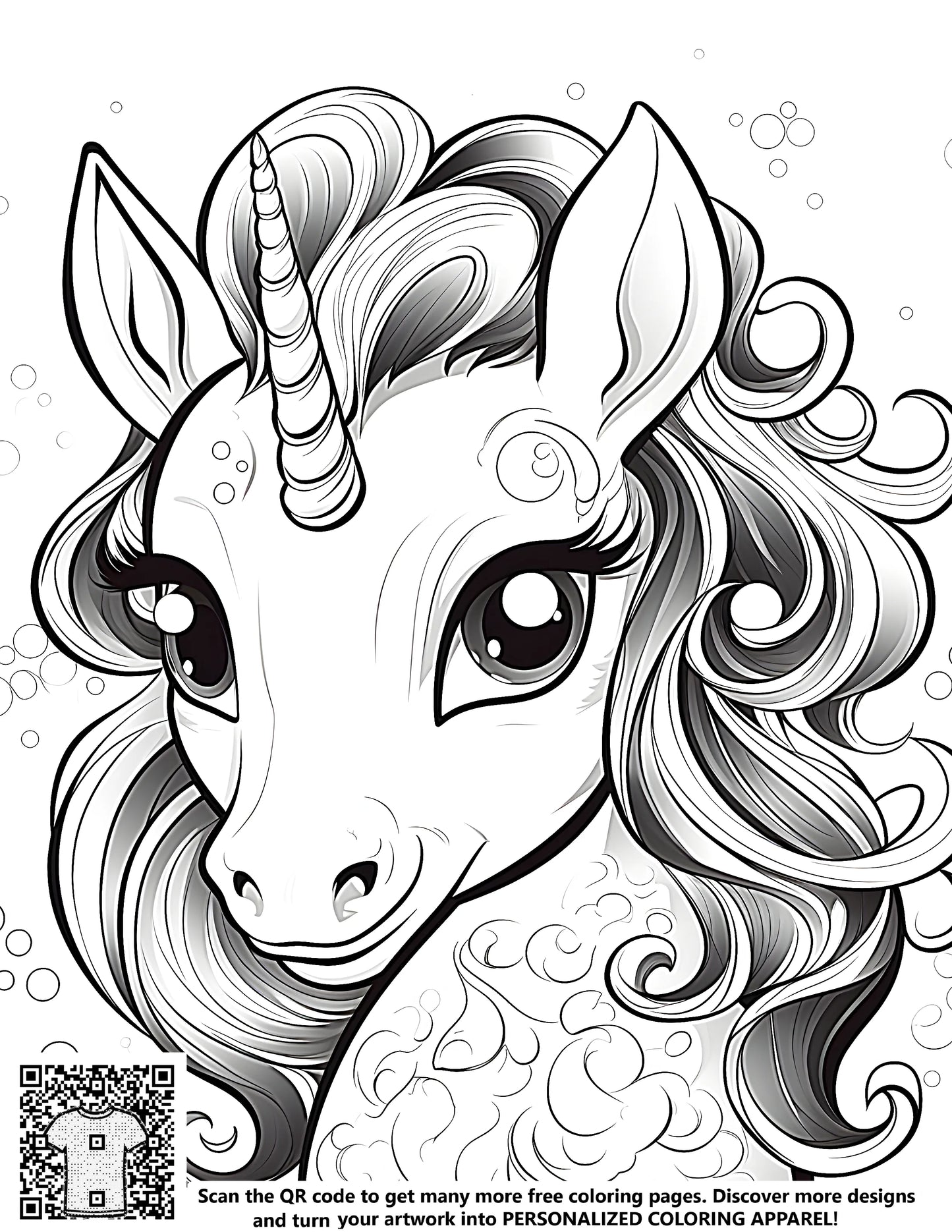 Unicorn coloring page kit for kids featuring an outline drawing of a magical unicorn with big eyes and curly hair surrounded by colorful bubbles. Includes fabric markers for creative expression.