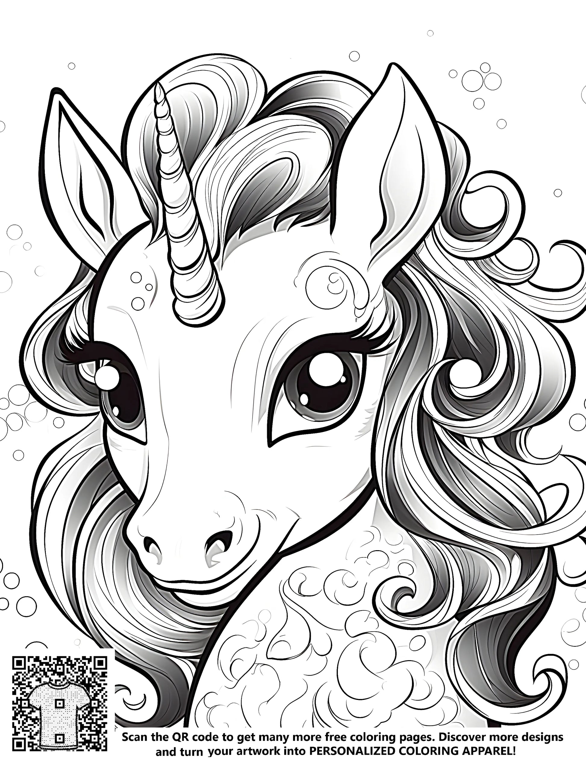 Unicorn coloring page kit for kids featuring an outline drawing of a magical unicorn with big eyes and curly hair surrounded by colorful bubbles. Includes fabric markers for creative expression.