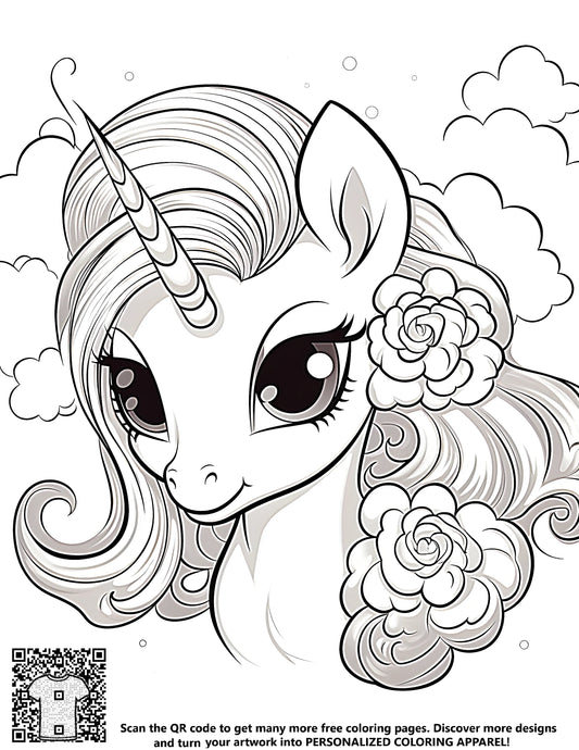 Cute unicorn coloring page, free coloring pages for adults, cute flower designs, unicorn art, adult coloring book pages