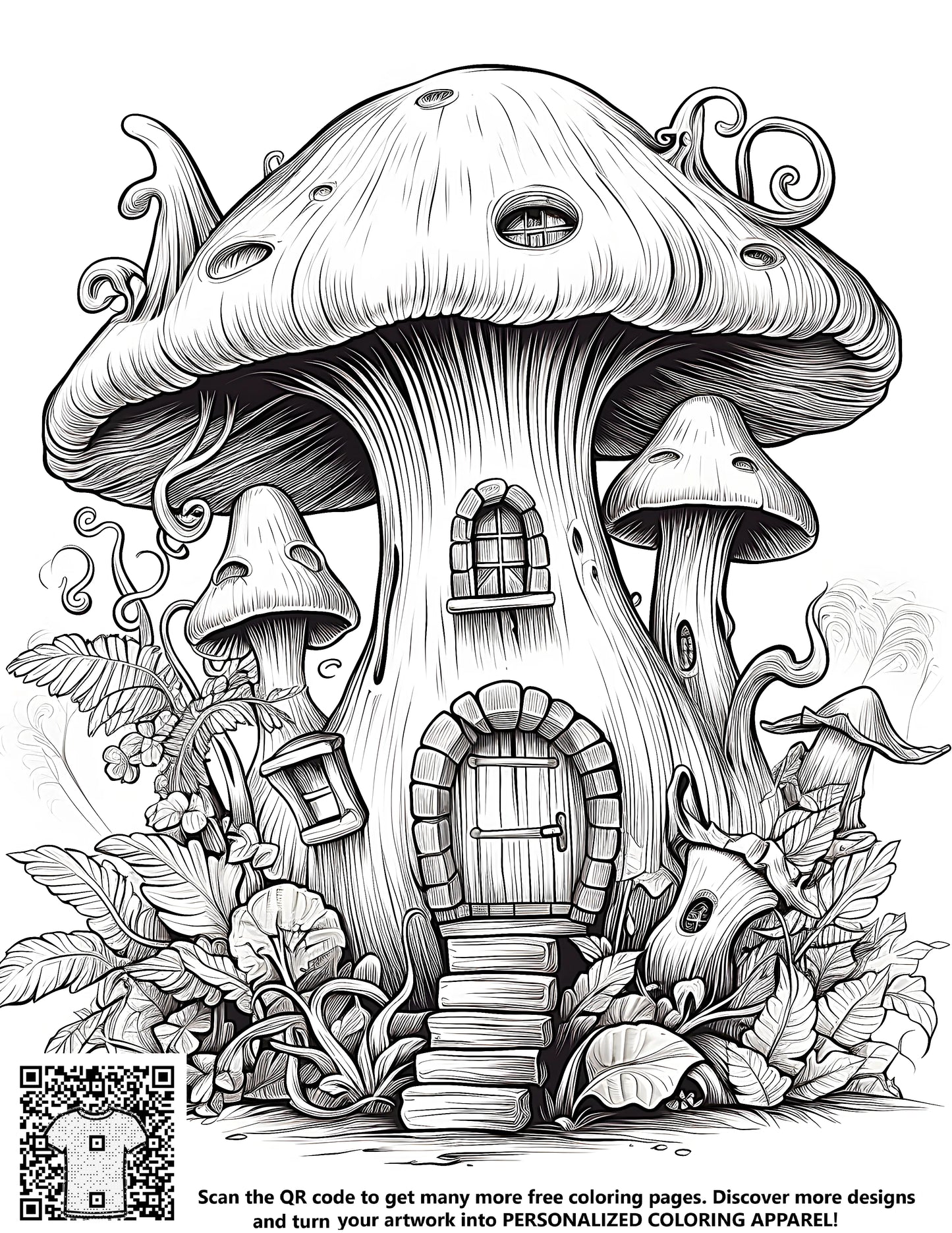 FREE Coloring Page - Whimsical Mushroom House with Detailed Foliage Download