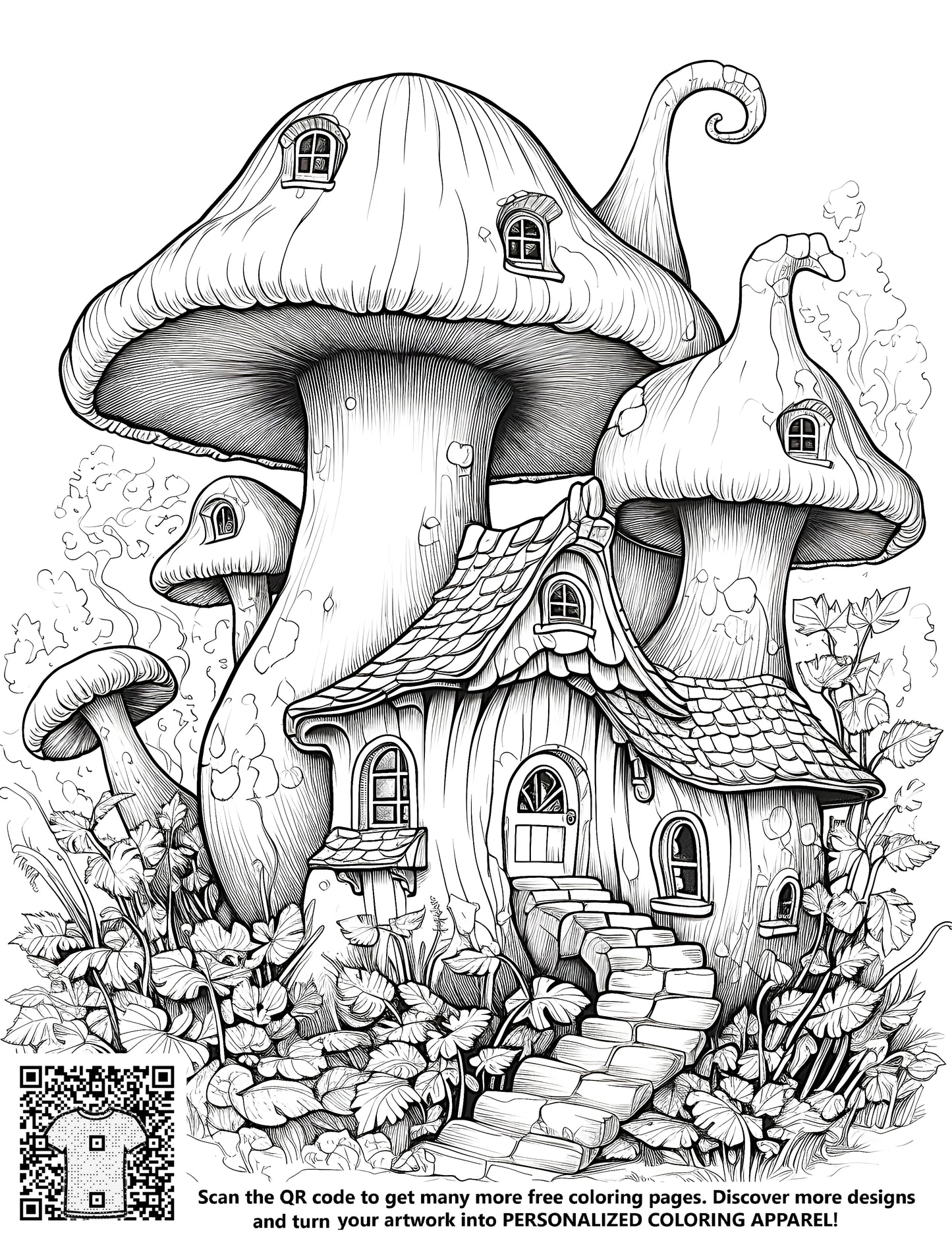 Whimsical mushroom home illustration coloring page art