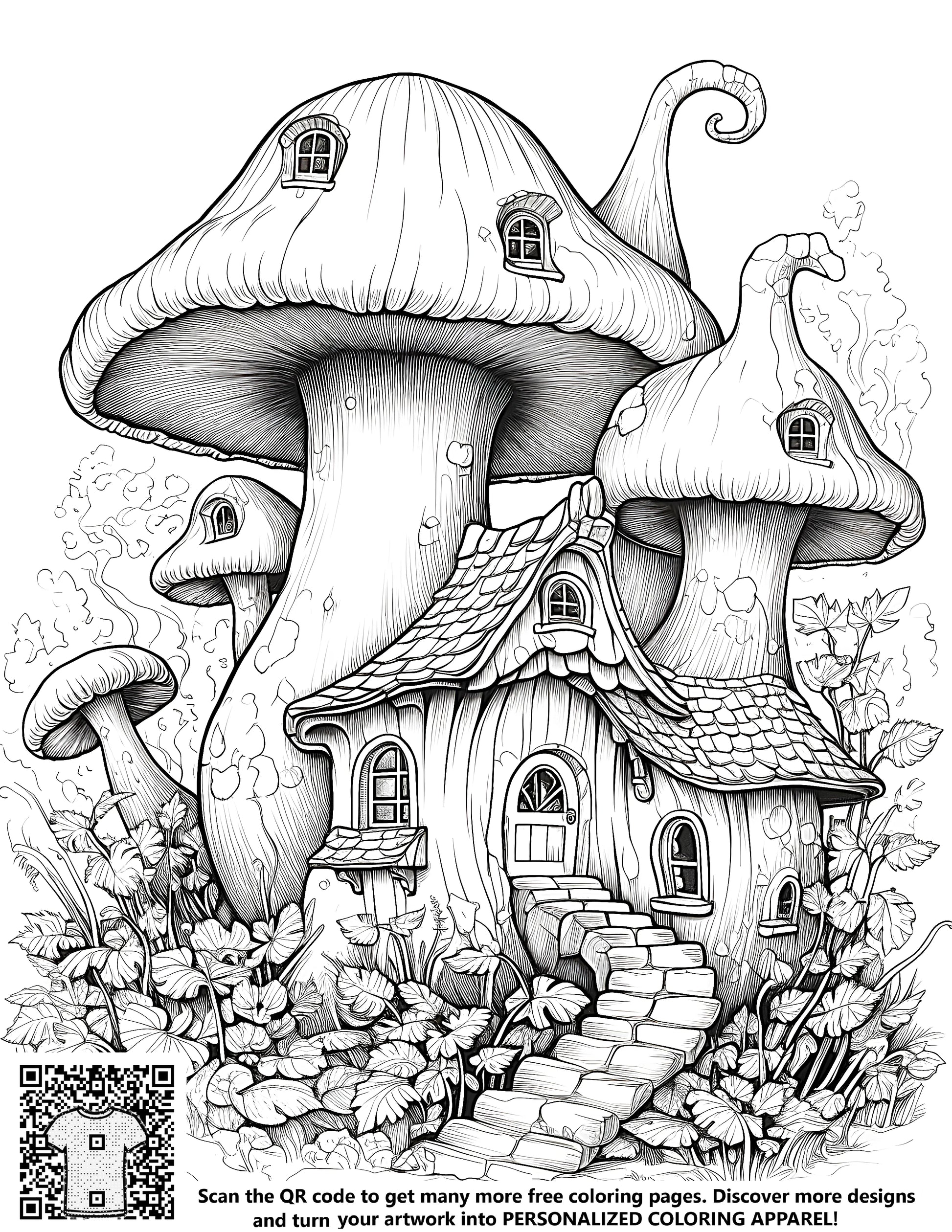 Whimsical mushroom home illustration coloring page art