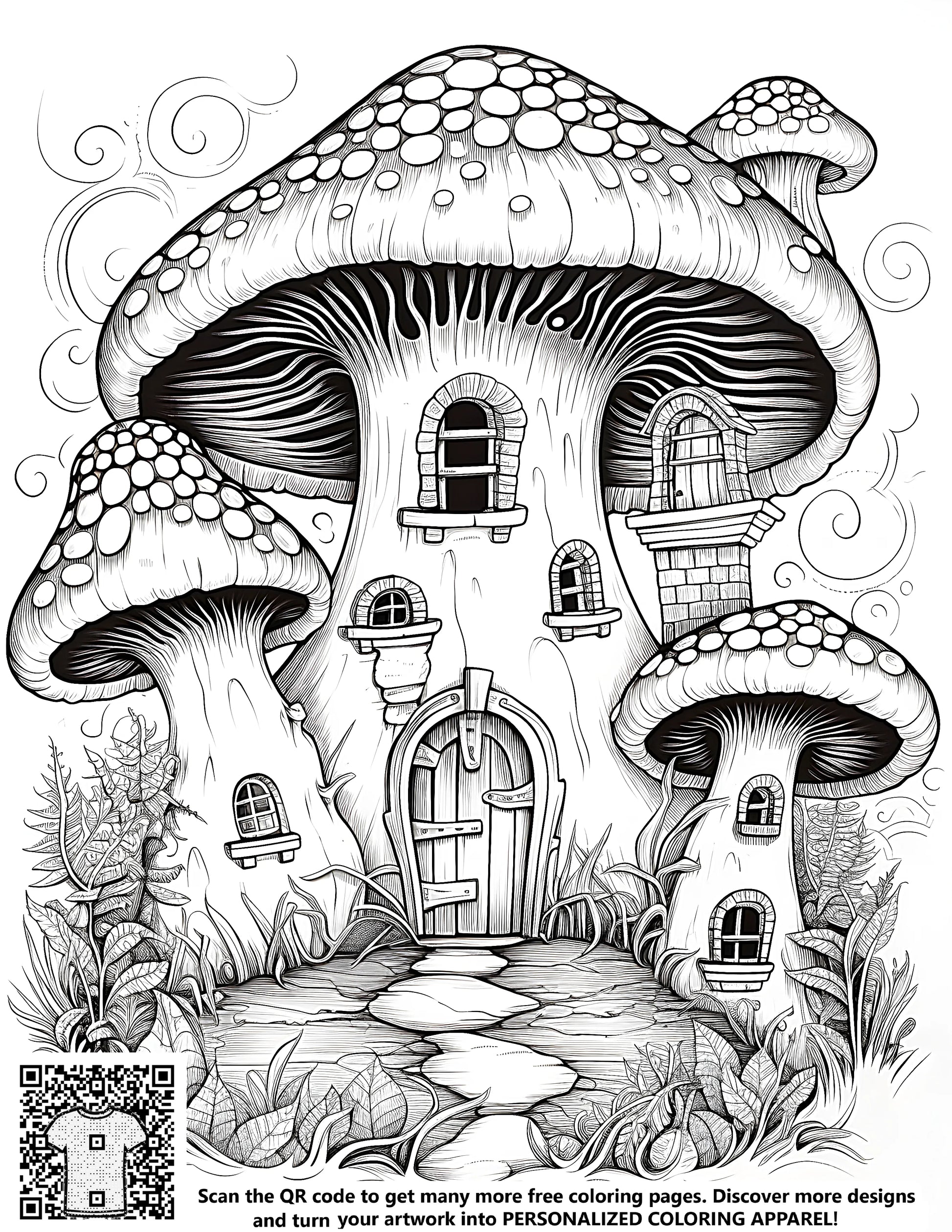 Whimsical Fungi Home, Free Coloring Page Art, Mushroom House Illustration, Black and White Detailed Design