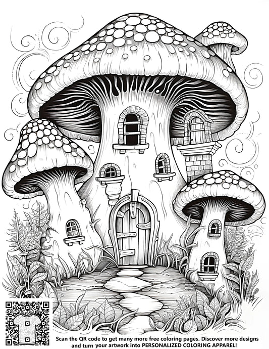 Whimsical Fungi Home, Free Coloring Page Art, Mushroom House Illustration, Black and White Detailed Design