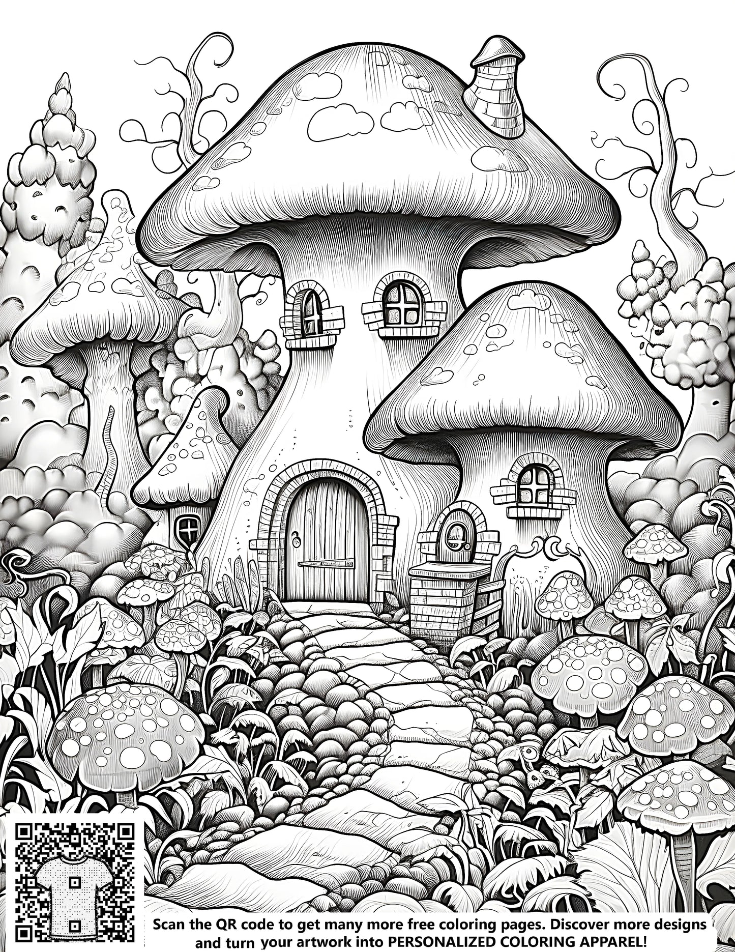 Whimsical mushroom houses, enchanted forests, and magical illustrations - free coloring pages for kids and adults alike