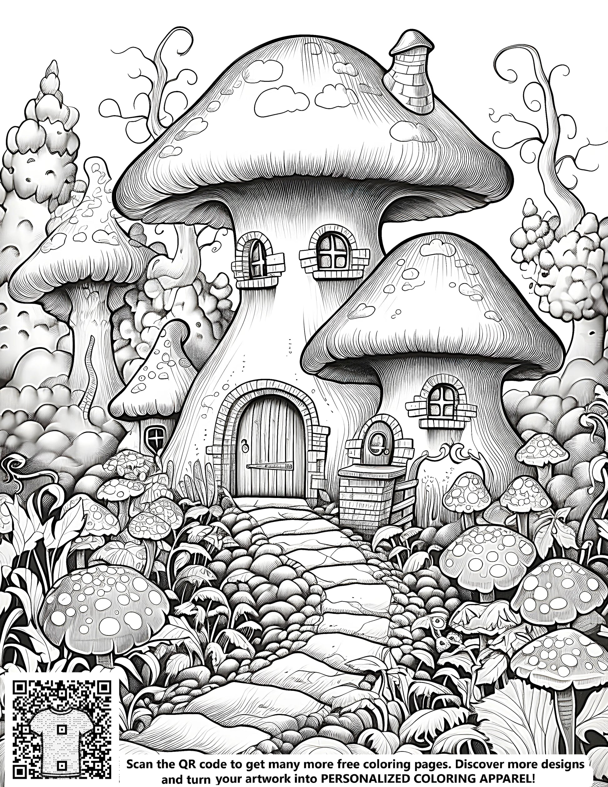 Whimsical mushroom houses, enchanted forests, and magical illustrations - free coloring pages for kids and adults alike