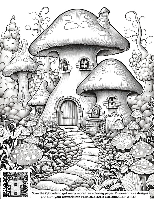 Whimsical mushroom houses, enchanted forests, and magical illustrations - free coloring pages for kids and adults alike