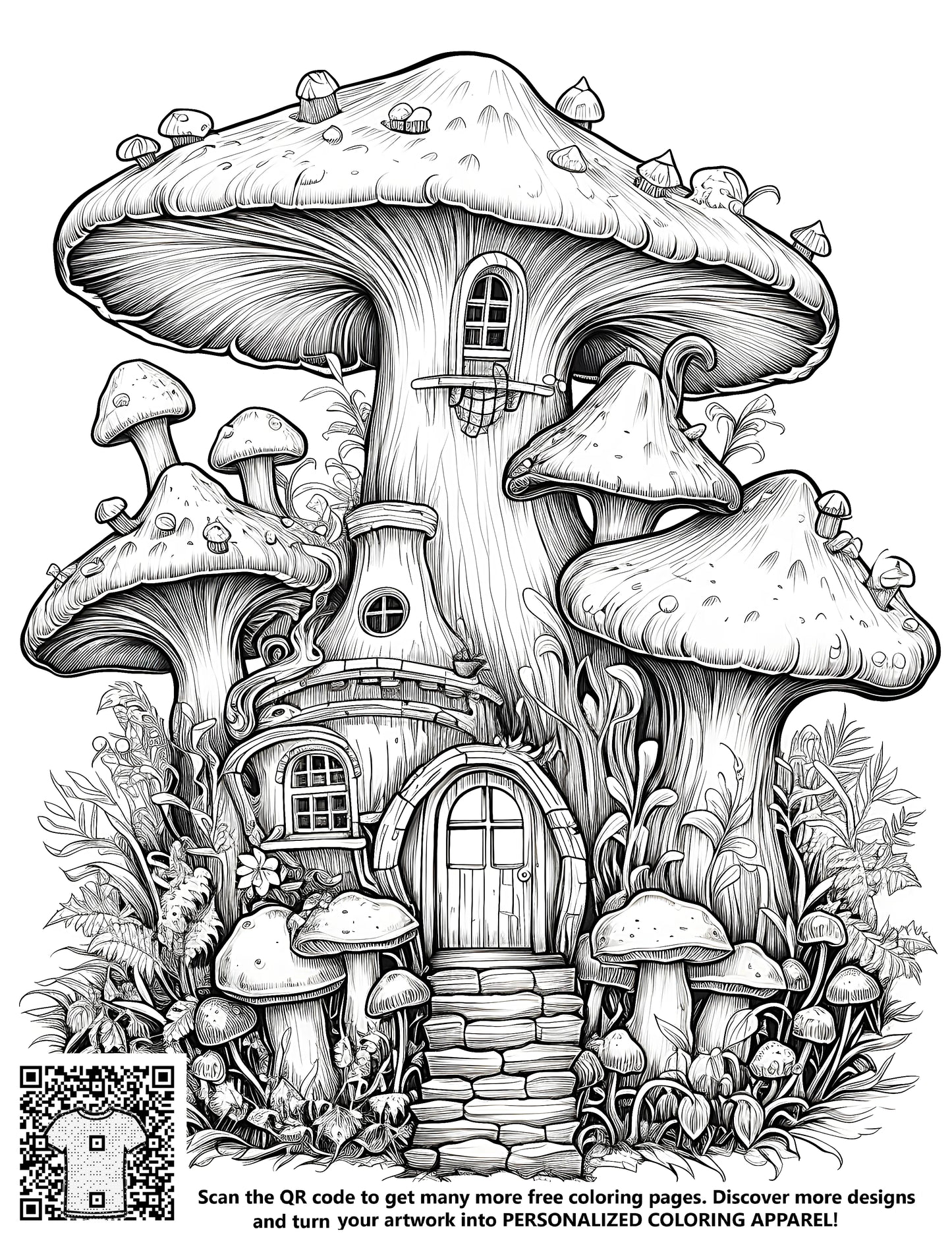 FREE Mushroom House Coloring Page - Detailed Black and White Illustration - Printable Download