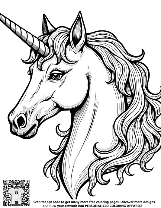 Magical unicorn coloring page illustration, free adult coloring book design