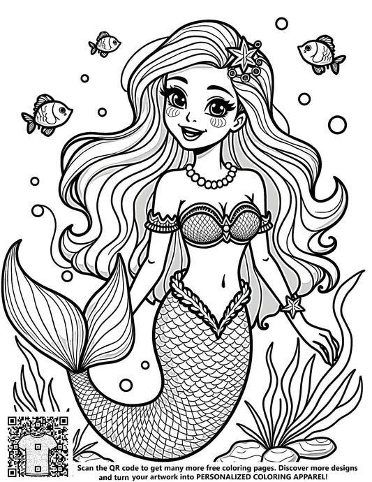 Whimsical mermaid coloring page with flowing hair, playful fish and sea plants in an underwater scene.