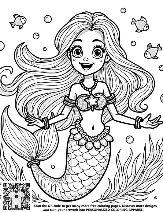 Free coloring page with mermaid theme, ocean creatures and underwater design
