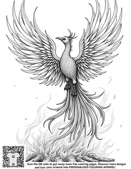 Majestic phoenix free coloring page kit with fabric markers, featuring a design of widespread wings rising from fiery ashes, symbolizing rebirth and renewal.