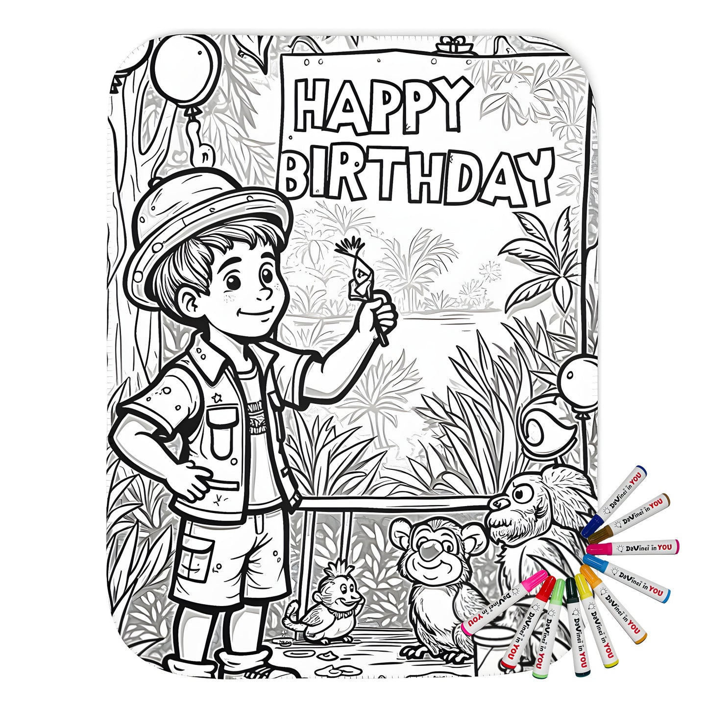 Blanket featuring a vibrant jungle scene with balloons, animals, and a birthday boy