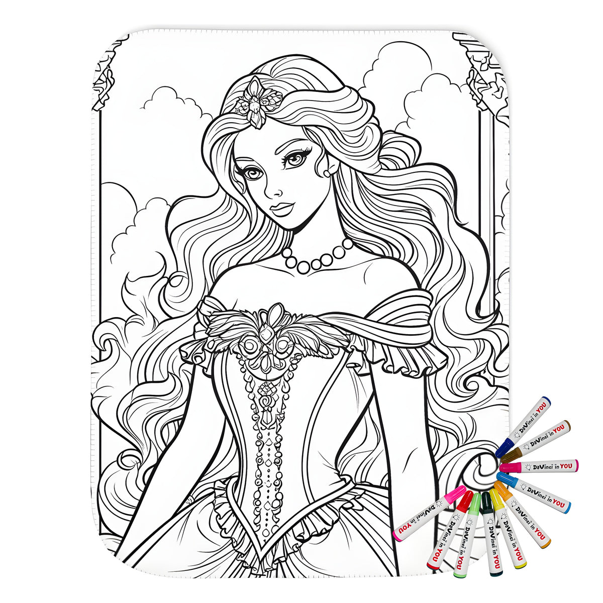 Blanket featuring detailed line art of a princess design with gown flowing hair and columns
