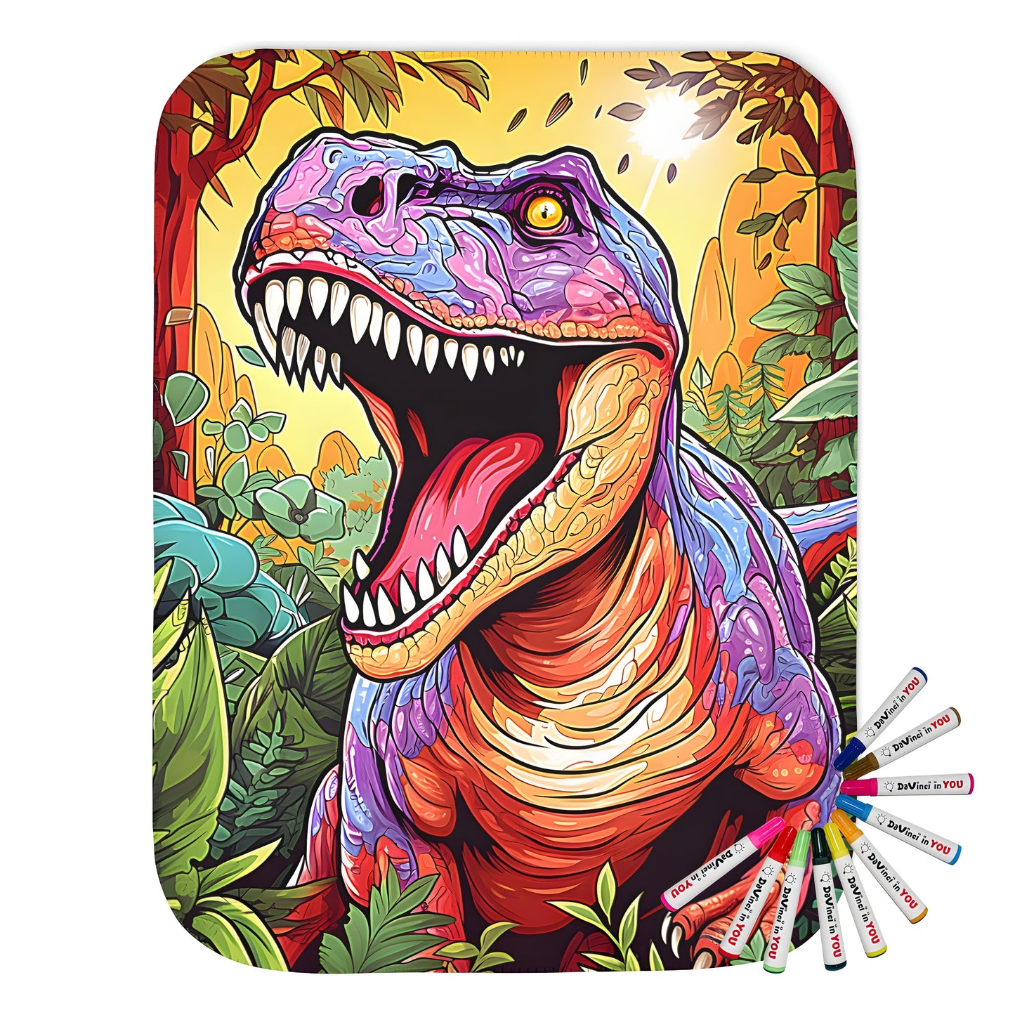 Colorful dinosaur blanket for kids or adults featuring a happy tyranno rex illustration