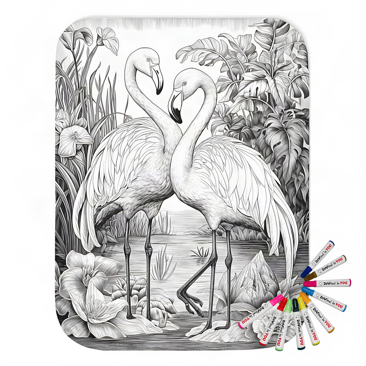 A vibrant blanket with a stunning flamingo-themed design, featuring two birds standing in a serene pond surrounded by lush foliage and colorful flowers, printed on high-quality fabric.