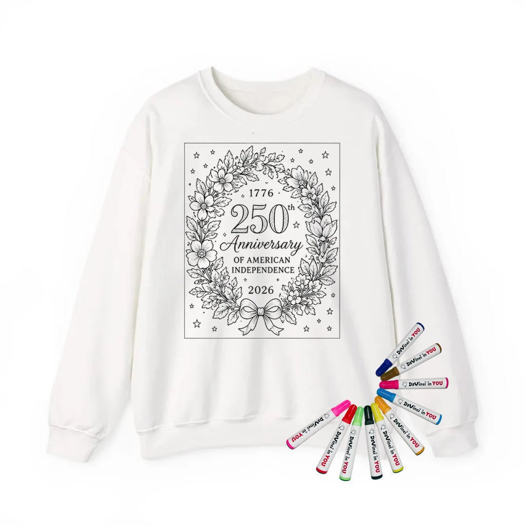250th Anniversary Adult Crewneck Sweatshirt coloring kit mockup with white base, cotton/polyester blend, and graphic print