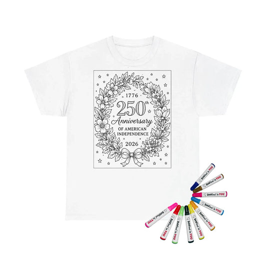 250th Anniversary Kids T-Shirt coloring kit mockup with white base, cotton, and graphic print