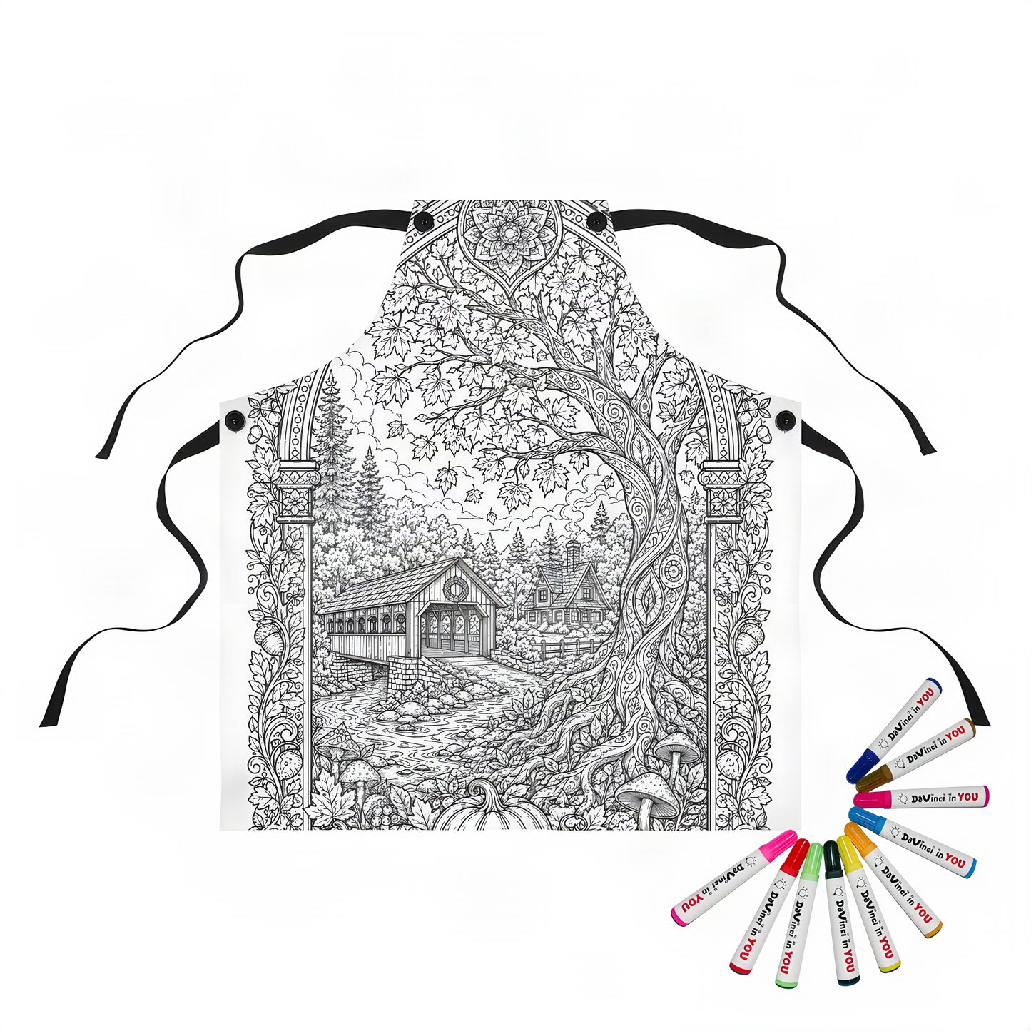 Autumn Covered Bridge Apron coloring kit mockup with polyester and graphic print