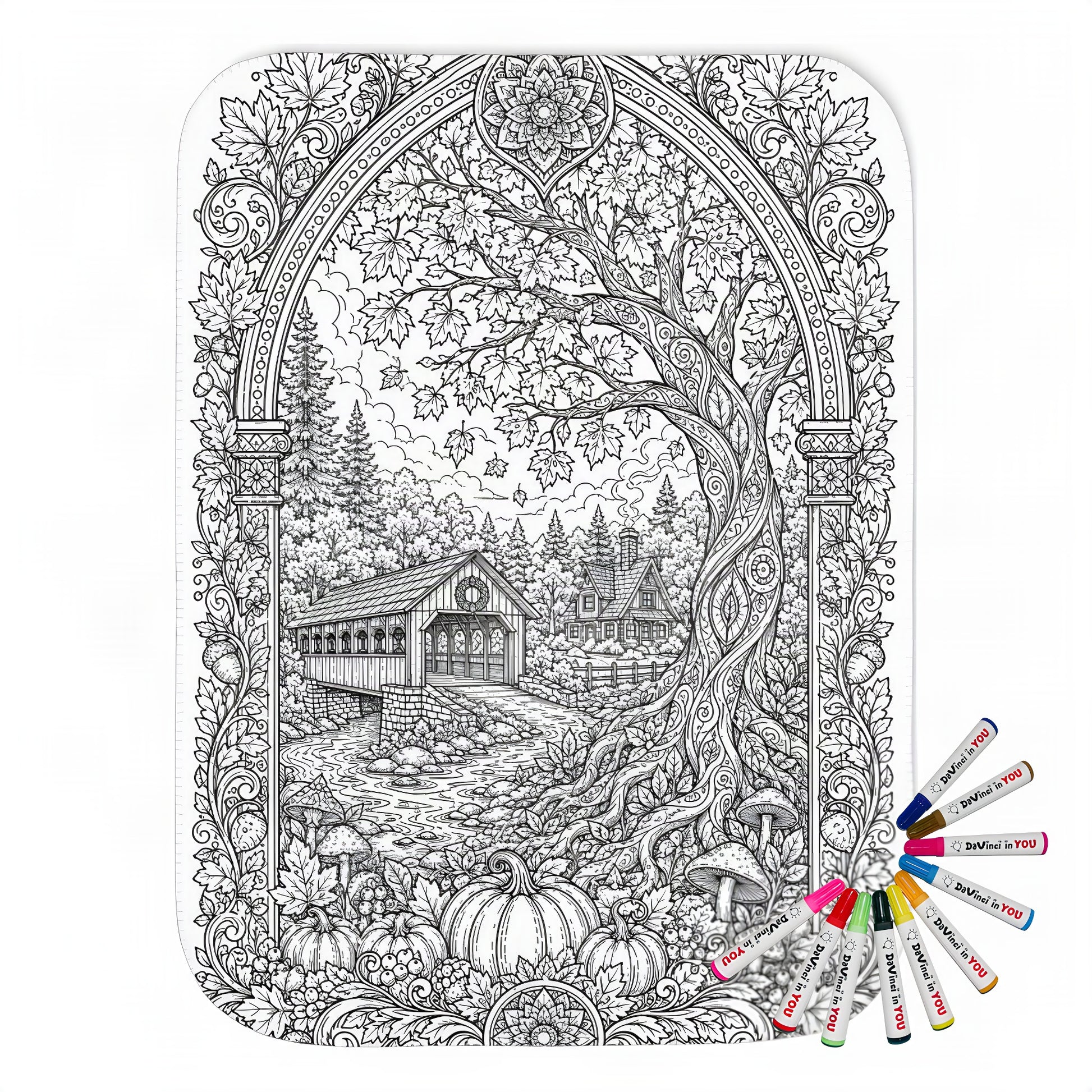 Autumn Covered Bridge Sherpa Blanket coloring kit mockup with polyester and graphic print