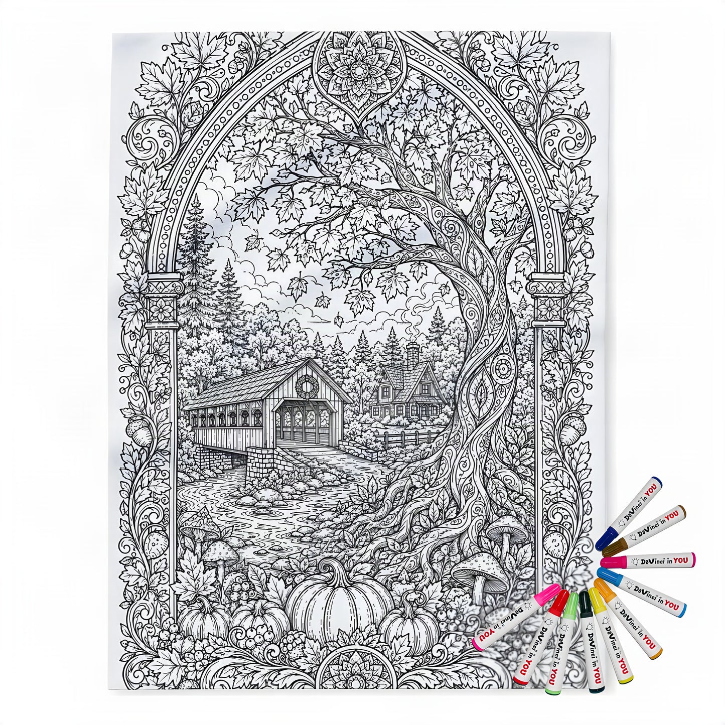 Autumn Covered Bridge Fleece Blanket coloring kit mockup with polyester fleece and graphic print