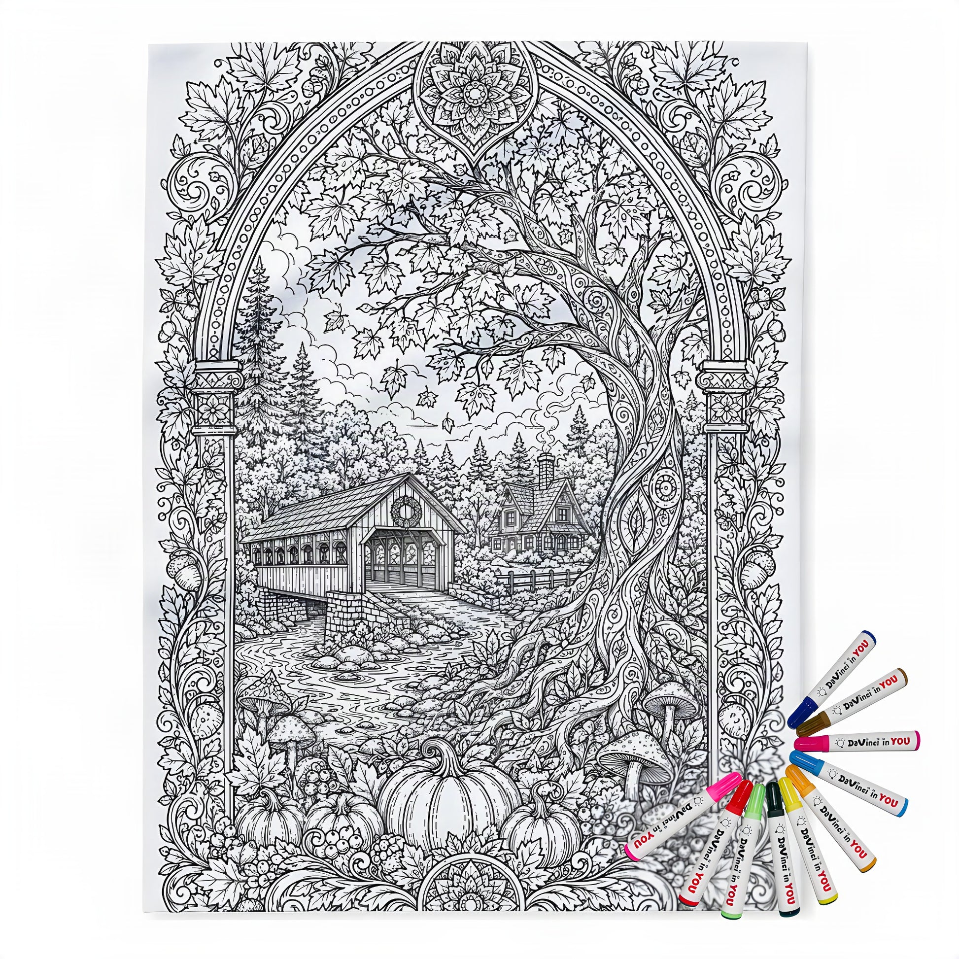 Autumn Covered Bridge Fleece Blanket coloring kit mockup with polyester fleece and graphic print