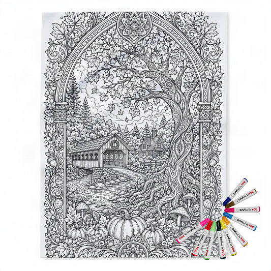 Autumn Covered Bridge Fleece Blanket coloring kit mockup with polyester fleece and graphic print