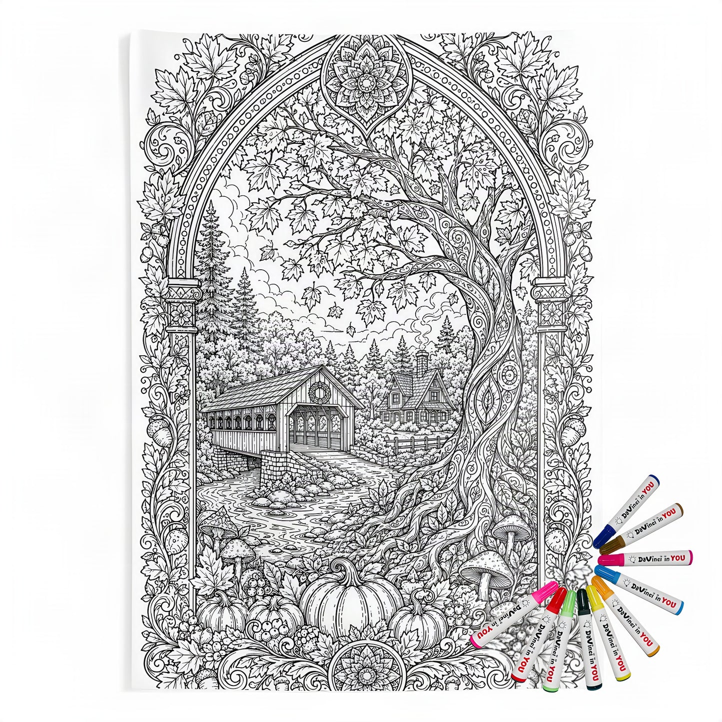 Autumn Covered Bridge Indoor Wall Tapestry coloring kit mockup with polyester and graphic print