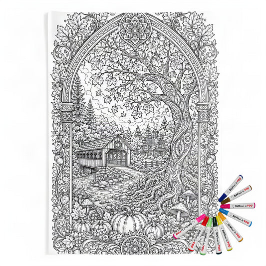 Autumn Covered Bridge Indoor Wall Tapestry coloring kit mockup with polyester and graphic print