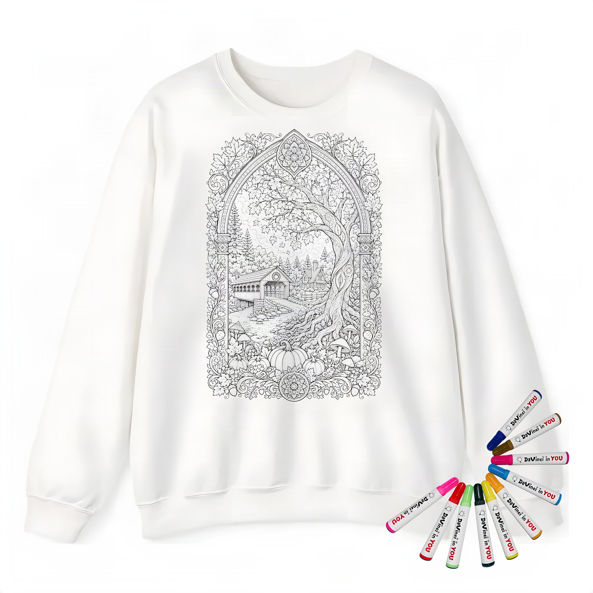 Autumn Covered Bridge Adult Crewneck Sweatshirt coloring kit mockup with white base, cotton/polyester blend, and graphic print