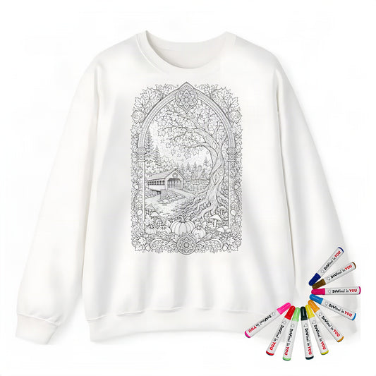 Autumn Covered Bridge Adult Crewneck Sweatshirt coloring kit mockup with white base, cotton/polyester blend, and graphic print
