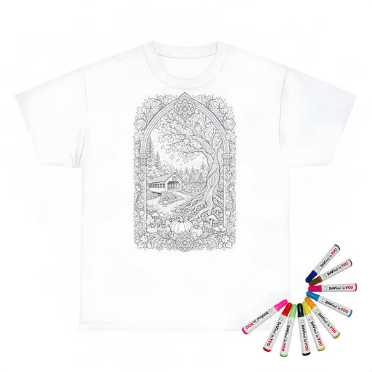 Autumn Covered Bridge Kids T-Shirt coloring kit mockup with white base, cotton, and graphic print