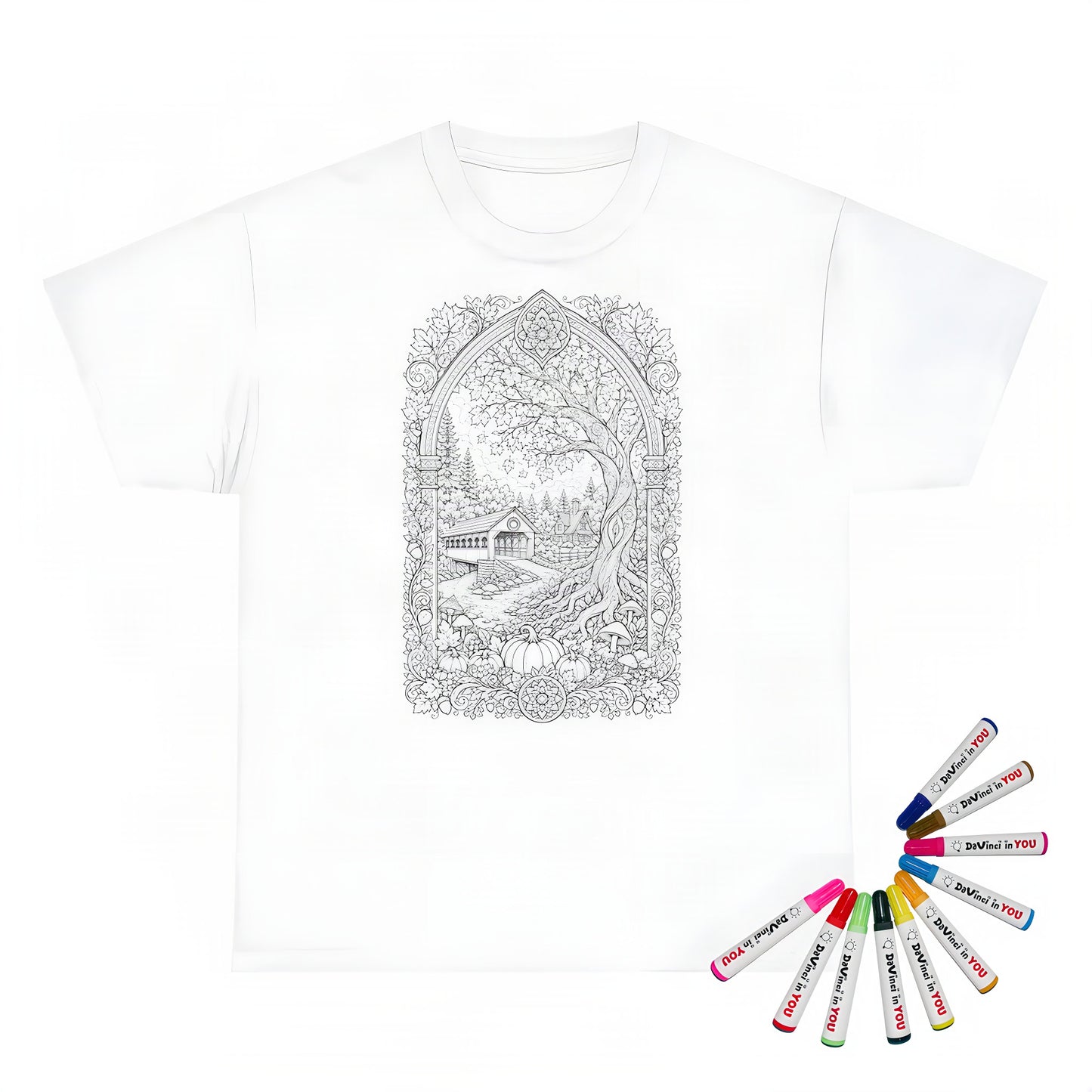 Autumn Covered Bridge Unisex T-Shirt coloring kit mockup with white base, cotton, and graphic print