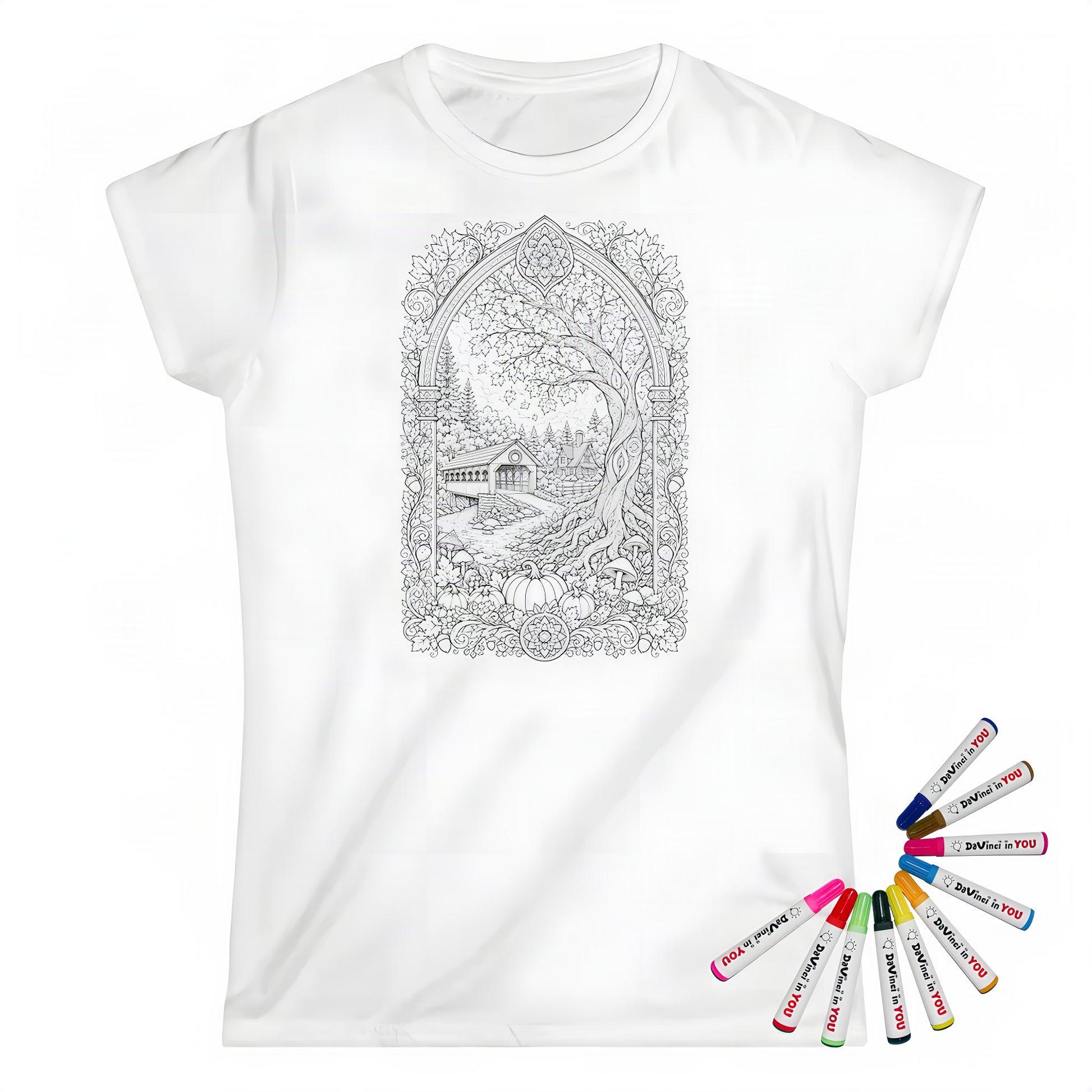 Autumn Covered Bridge Womens T-Shirt coloring kit mockup with white base, cotton, and graphic print