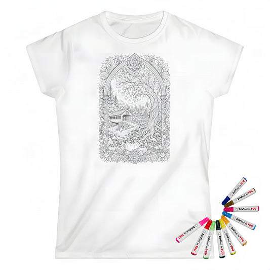 Autumn Covered Bridge Womens T-Shirt coloring kit mockup with white base, cotton, and graphic print