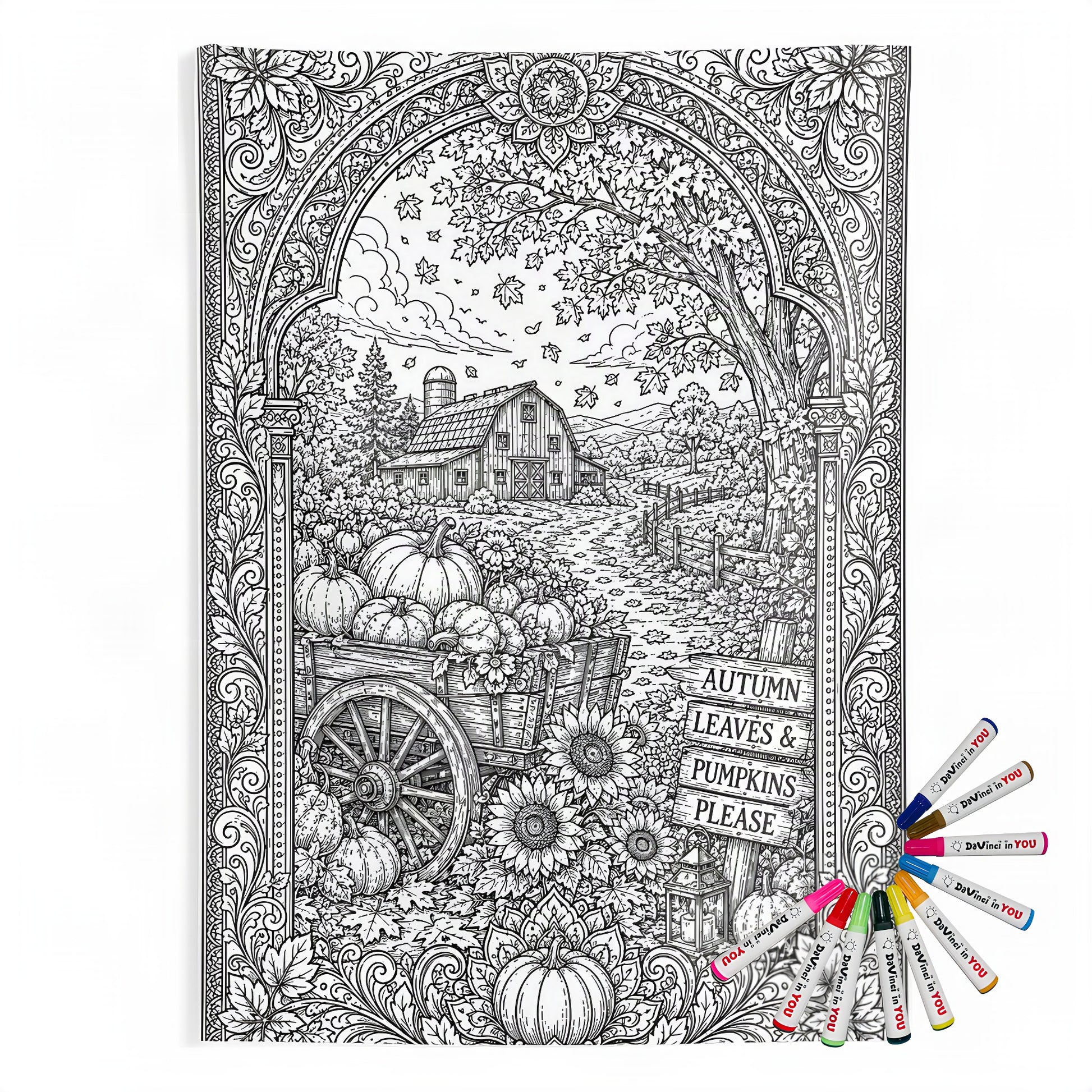 Autumn Harvest Pumpkin Cart Indoor Wall Tapestry coloring kit mockup with polyester and graphic print
