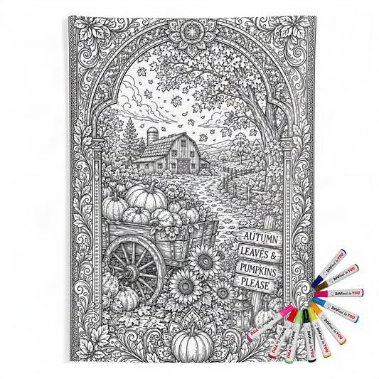 Autumn Harvest Pumpkin Cart Indoor Wall Tapestry coloring kit mockup with polyester and graphic print